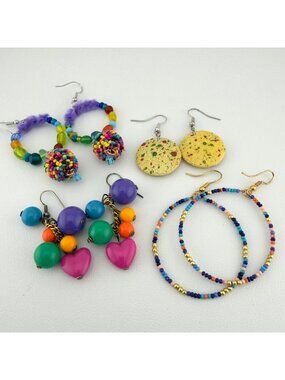 Lot 4 Pairs Colorful Rainbow Beaded Earrings Hoop Heart Dangle Boho Festival